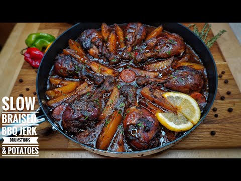 JUICY BAKED SLOW BRAISED BBQ JERK CHICKEN DRUMSTICKS AND POTATOES