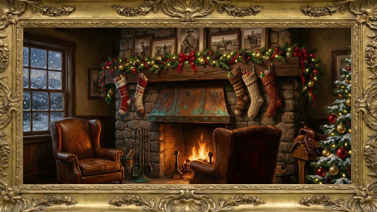 Cozy Western Lodge Christmas Fireplace Gold Frame TV Art | 2 Hours 4K — 4K ambient art screensaver in baroque gold frame