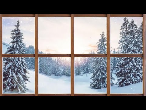 Harpe relaxante et neige qui tombe en hiver, flocons, sapins, montagne, musique zen, nature, paysage