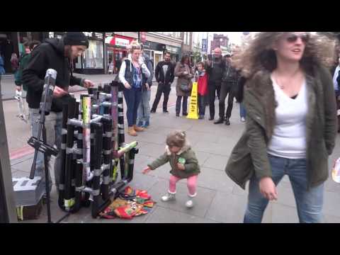 Amazing PVC "Pipe Guy" style Flip flop drummer: playing House/Trance/Techno in Camden Market, London