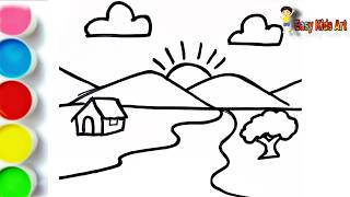 🌄 Easy Sunset Scenery Drawing for Kids | Step-by-Step Tutorial