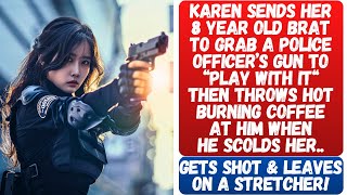 Karen Throws Hot Burning Coffee At A Cop After She Sent Her Kid To Grab His Gun & Failed.. Gets Shot