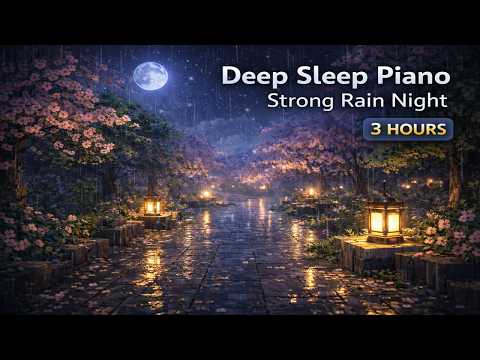 3 Hour Deep Sleep Piano | Strong Rain in a Cherry Blossom Garden