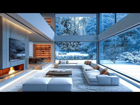 Relaxing Instrumental Jazz Music - Winter Jazz at Cozy Living Room Ambience with Snowfall, Fireplace