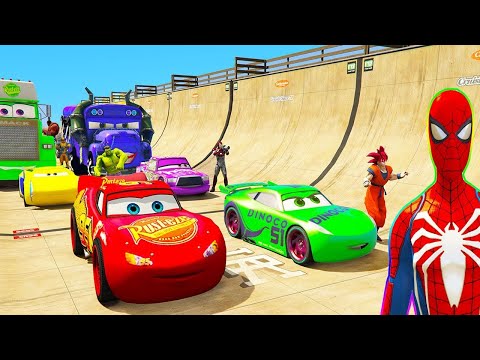 SPIDERMAN McQueen Friends CARS MEGA CITY Lake Ramp ! SUPERHEROES HULK Fight Mack Truck Jump - GTA V