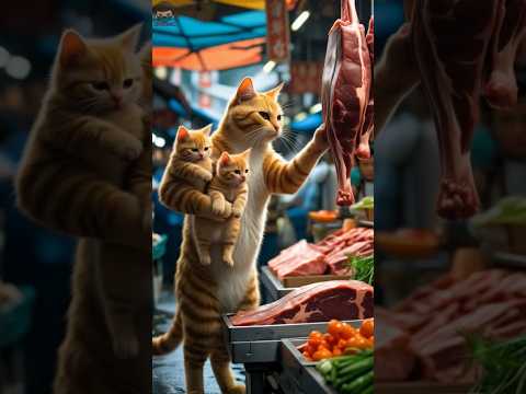 Mama Cat Buys Meat at the Market with Her Two Kittens #cuteanimal #cutecat #catcookingfood