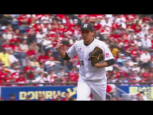 【6回表】最後はズバっと決まった!! マリーンズ・東妻勇輔 3者凡退の投球でガッツポーズ!! 2023年6月10日 千葉ロッテマリーンズ 対 広島東洋カープ