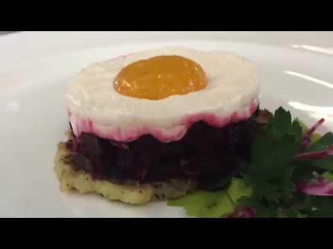 EASTER EGG : Lemon-cured egg yolk with lemonaise, a beet tartar and a sweet potato rosti