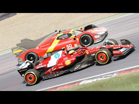 2025 F1 Ferrari SF-25 Hamilton vs 2023 Ferrari 499P LMH at Brands Hatch