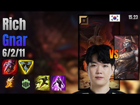 Rich Top Gnar vs Zaahen lol KR solo rank Full Game 15.23 | 리치 나르 vs 자헨