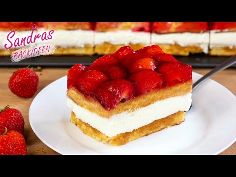 Erdbeerkuchen mit Vanillecreme - leckere Erdbeerschnitten | No Bake