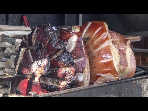 Huge Roasted Hams of Prague. Street Food