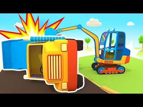 Helfer Autos Zeichentrick. Der Laster blockiert die Straße. Helfer Autos auf Deutsch