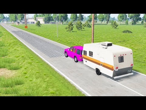 Car vs 100 Spike Strip Challenge - Massive Spike Pileup Crashes - BeamNG OMDs