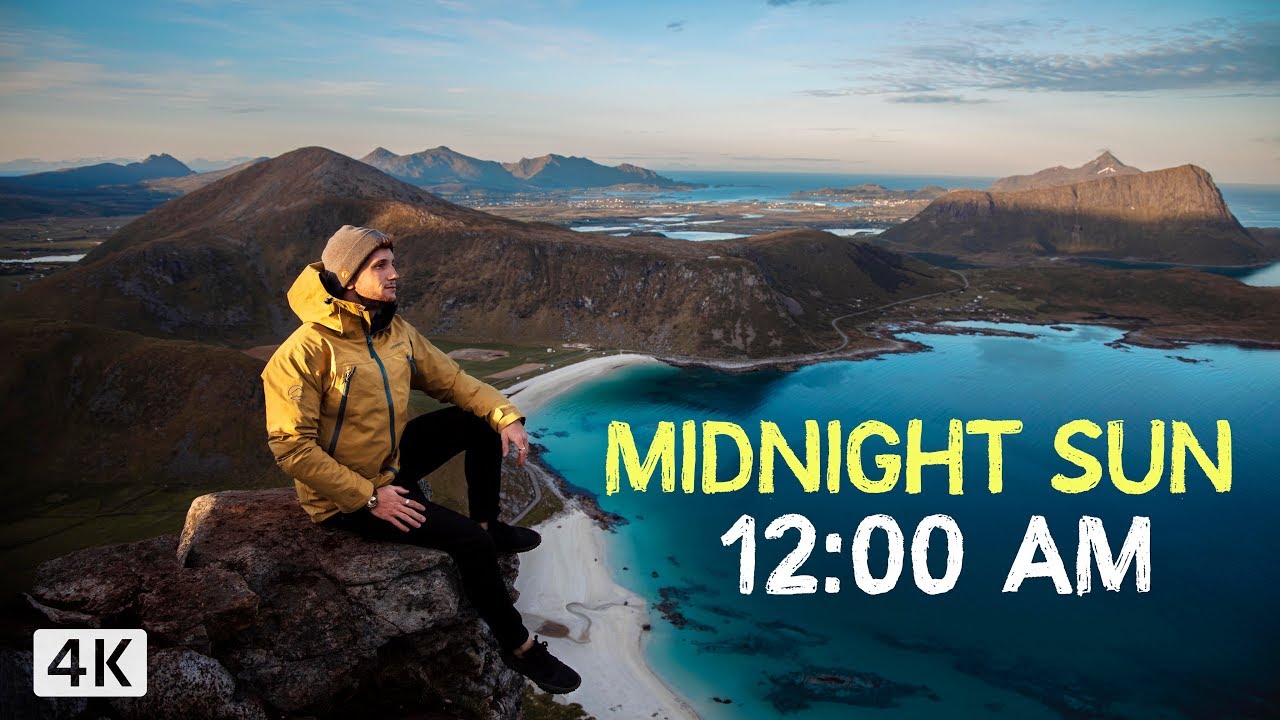 A traveler explores Lofoten Islands during Midnight Sun.