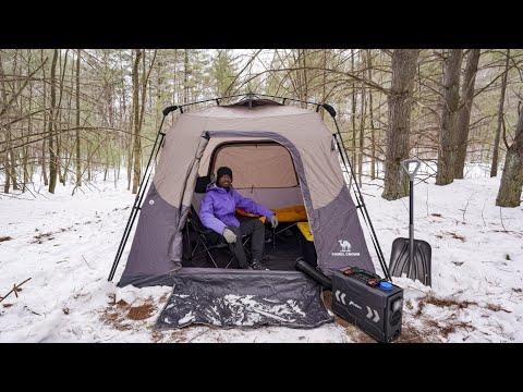 INSTANT TENT Camping In Snow + Cooking NY Strip Steak !! | CAMEL CROWN