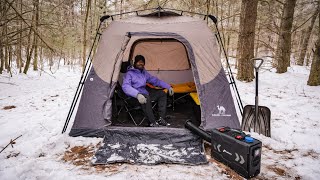 INSTANT TENT Camping In Snow + Cooking NY Strip Steak !! | CAMEL CROWN