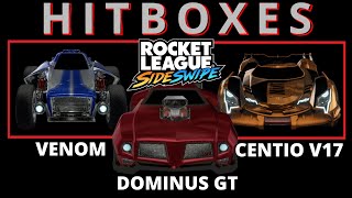 Dominus GT, Centio V17 & Venom HITBOXES in Rocket League Sideswipe (Season 7 Car Hitboxes)