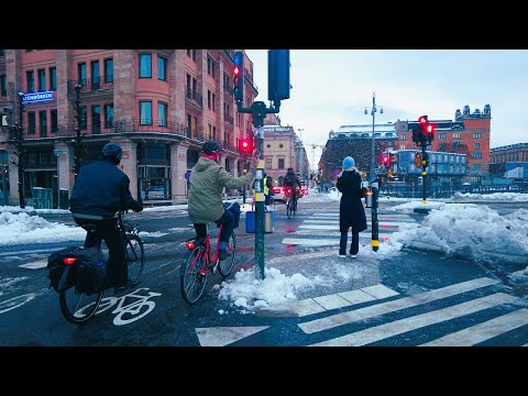 Snowy winter walk in Sweden | Stockholm 4K | from City Hall to Norrmalmstorg #527