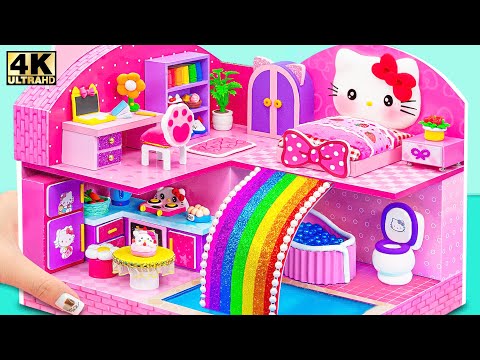 Make 2 Story Pink Hello Kitty House has Cute Bed, Rainbow Slide Pool for Slime - DIY Miniature House