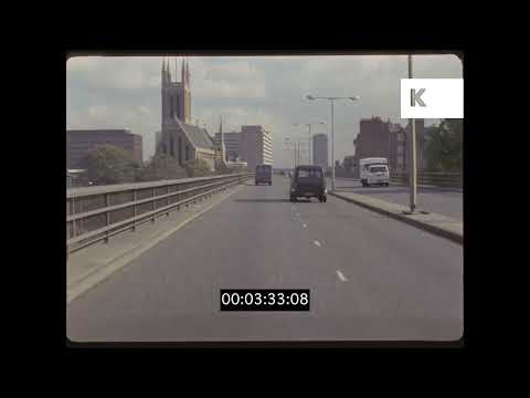1980s London, POV Driving along Hammersmith Flyover, St Paul's Church, 35mm
