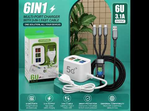 6-in-1 Charging Solution: 6U Multi-Port Charger with 3-in-1 Fast Cable 8905