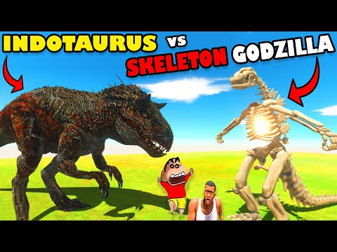 INDOTAURUS THE ZOMBIE T-REX vs SKELETON GODZILLA SHINCHAN and CHOP in ANIMAL REVOLT BATTLE SIMULATOR