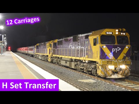 Very Long V/Line Passenger train; 12-car H Set Transfer from Shepparton at Night