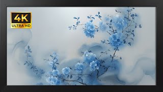 Delicate Blue Plum Blossoms | Black Framed 4K Art Screensaver | Tranquil Asian Ink Wash TV Wallpaper