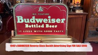 1940's BUDWEISER Reverse Glass Backlit Advertising Sign SOLD FOR  $995