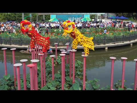 Poles and precision: Chinese lion dancers perform above water