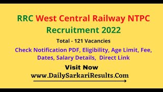 RRC WCR NTPC Online Form 2022 || West Central Railway NTPC Recruitment 2022