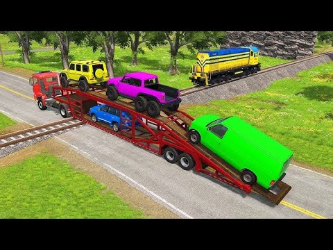Flatbed Long Trailer Truck Speed Bumps Transport Car Rescue - Cars vs Train and Rails - BeamNG.drive