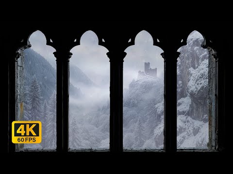 4K Medieval Castle Winter Window View - Peaceful Snowstorm Ambience - Relax & Read by the Fire