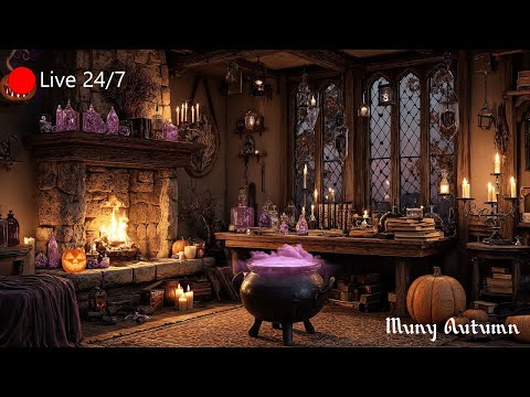 Enchanted Witch Hut Ambience 🔴 Live 24/7 | Fireplace, Cauldron Bubbles, Rain & Thunderstorm Sounds