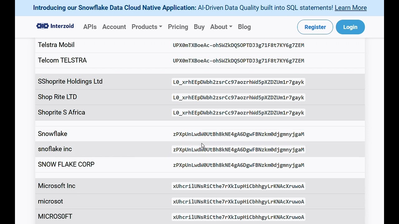 Generating Similarity Keys with a Web JSON Batch API for Identifying and Matching Inconsistent Data