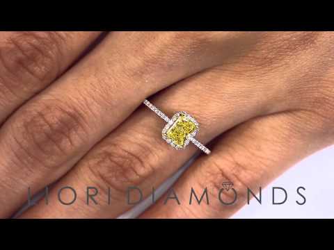 FD- 609 - 0.99 Carat Fancy Yellow Radiant Cut Diamond Engagement Ring 18k Gold Pave Halo