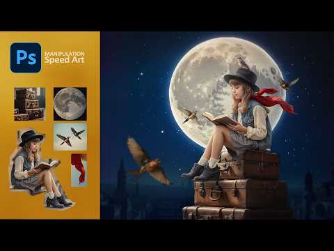 girl and moon - Photoshop Fantasy Manipulation Tutorial / speed art