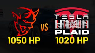 1020 HP Tesla PLAID vs 1050 HP Dodge Demon 1/4 mile DRAG RACE