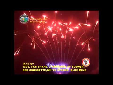 1.3G FIREWORKS: 120 SHOT FAN SHAPE 3 SECTIONS FLOWER, RED CROSSETTE, WHITE STROBE, BLUE MINE