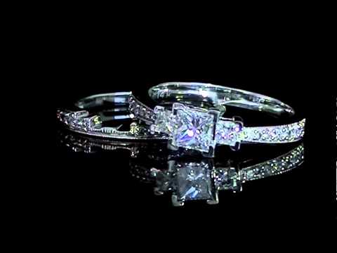 1 CTW Princess Diamond Engagement Ring Wedding Band Bridal Set in 14K White Gold