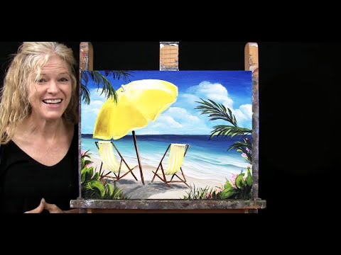 Learn how to Draw and Paint BEACH CHAIRS AND UMBRELLA with Acrylics- Time Lapse- Landscape Tutorial