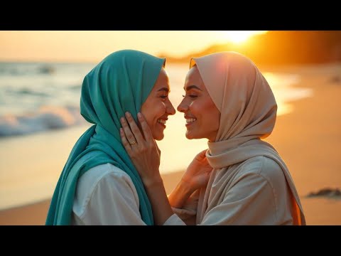 Two Hijabi Women in Love Enjoy a Peaceful Day at the Beach
