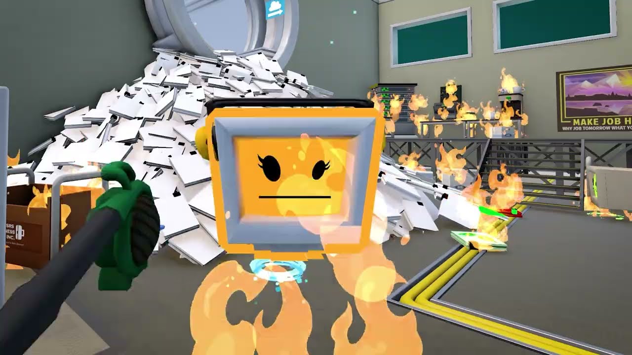 A bot with an orange screen face holds a fire extinguisher in a burning mail room in the Job Simulator: Human Relations announcement trailer