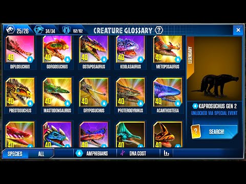 ALL MAX LV 40 AMPHIBIANS WAIT FOR KAPROSUCHUS GEN 2 | JURASSIC WORLD THE GAME