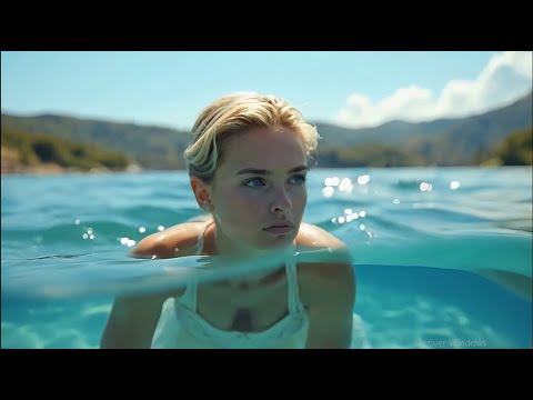 A human girl Olivia, swimming in the blue ocean at night