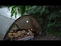 Solo Camping In The Heavy Rain Lying On The Bed In A Cozy Tent And Relaxing Time
