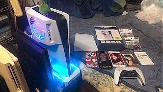 【所定位置】PlayStation5 Slim+GEO冷却ファンLED FAN USB2ポート 風量4段階調整+スイッチ付USBケーブル接続後に元の位置に縦置き完了！実況#6057(*•̀ㅂ•́)و