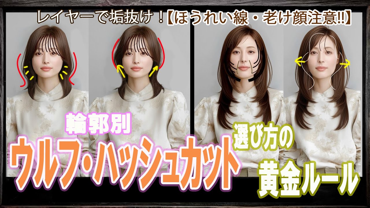 ほうれい線・老け顔注意！「顔が短め→鎖骨下レイヤー、顔が長め→顎下レイヤー。輪郭別の黄金法則で理想の小顔を手に入れよう！ウルフとハッシュの使い分けも完全解説。あなたに似合うのはどっち？」