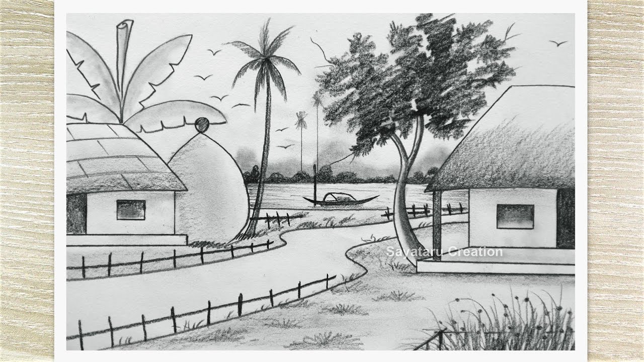 How to Draw Village Landscape with Pencil, Nature Scenery Drawing, Pencil Drawing